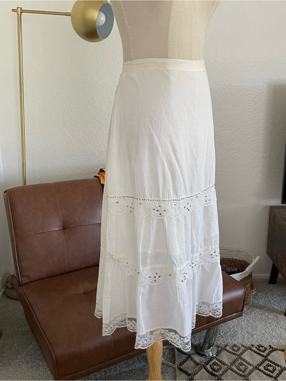 SOLD Y2K 1990s Bb Jeans Boho Fairy Lace Beaded Tier Midi Skirt - Picture 3 of 11